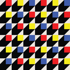 Vector Seamless pattern in groovy red, blue and yellow colors creating geometric abstract 3D theme