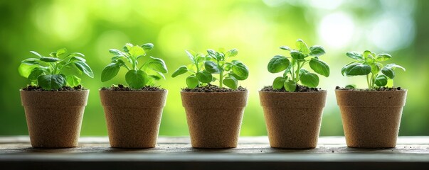 A row of small potted plants with vibrant green leaves, set against a soft, blurred background, showcasing growth and nature's beauty.