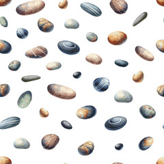 Seamless Pattern with Watercolor Painted Vector Pebbles on White Background