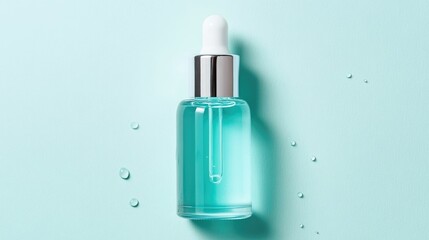 Fototapeta premium Turquoise glass bottle filled with serum showcasing skin wellness and healthy aging solutions The product is displayed against a clean minimal background highlighting the sleek