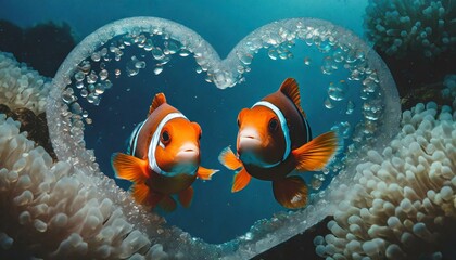 Clownfish couple side by side together posing in a heart-shaped bubbles frame - Valentine's Day concept