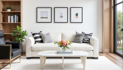 Fototapeta premium A chic white coffee table adorned with a vibrant glass vase of pink and yellow roses, resting atop an eclectic stack of books. Framed by a serene white rug, inviting sophistication into any space