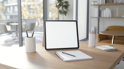 Fototapeta premium Modern workspace with blank tablet screen, notebook, and pens on wooden desk in bright office setting.