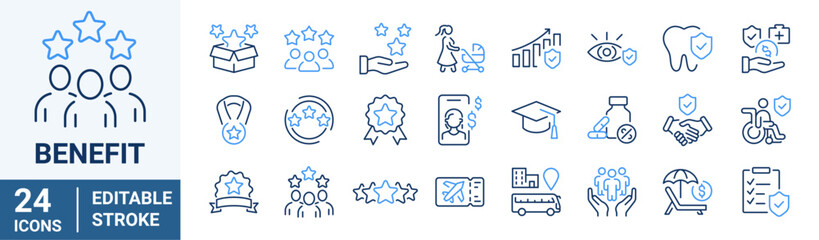 Employee benefit web line icons. Included icons as teamwork, insurance, paid Vacation, pension, social Security. Vector illustration. editable stroke