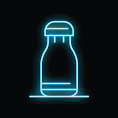 Blue neon sign of a classic milk bottle, shining on a black background
