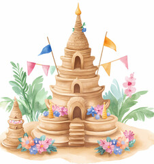 beautiful sand pagoda adorned with flowers and flags, symbolizing celebration