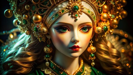 Nighttime Portrait: Doll with Golden Headdress and Green Tiara