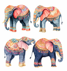 Colorful elephants adorned with intricate decorations and patterns