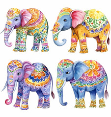 Colorful elephants adorned with intricate patterns and designs
