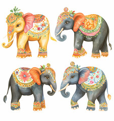 Colorful elephants adorned with decorative patterns and accessories