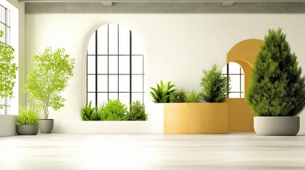 Fototapeta premium Bright and Airy Indoor Plant Design in Modern Space with Large Windows and Greenery Accents