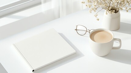 Minimalist workspace with notebook, glasses, coffee, and plant on a white desk, bathed in natural sunlight.