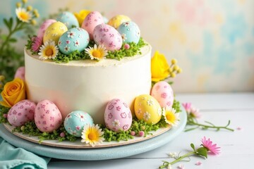 Fototapeta premium Colorful Easter cake with decorated eggs and floral arrangements for spring celebration-