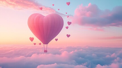 Obraz premium Valentine’s Day vector: heart-shaped hot air balloon with mini heart balloons, soft pastel sky, paper art style, origami-inspired romantic theme.