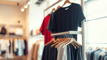 Fototapeta premium Modern Apparel Boutique: T-shirts on Display, Minimalist Style