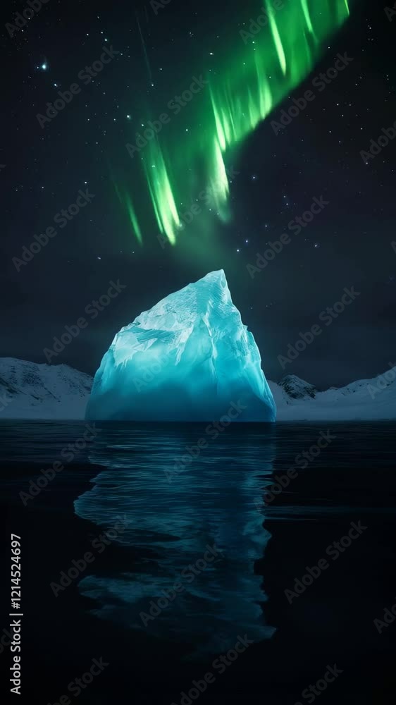 Poster glowing iceberg floating in dark water with aurora borealis and stars in the background, creating a 