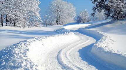 Obraz premium Winding Snow Path Through Serene Winter Landscape Under a Clear Blue Sky