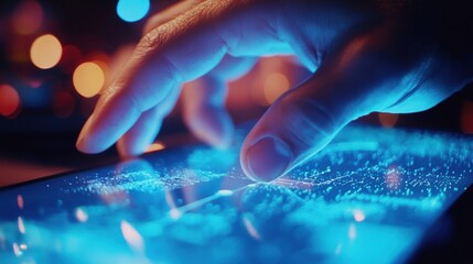 Close up of businessman hand interacting with glowing holographic big data financial market graph, scrolling through futuristic user interface on tablet computer in dark office at night