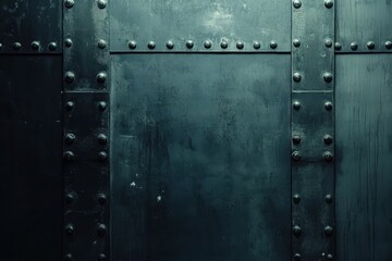Fototapeta premium Dark Metallic Wall with Rivets and Smooth Texture Exhibiting Industrial Aesthetic Ideal for Backgrounds in Graphic Design and Artistic Projects