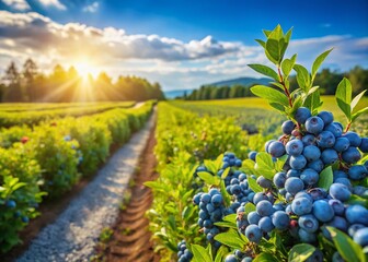 Fototapeta premium Ontario Blueberry Farm Landscape: Rows of Ripe Blueberries Under Sunny Skies