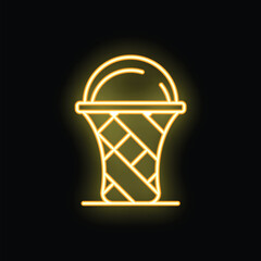 Minimalist neon sign showing a wicker basket with a handle, glowing on a black background, perfect for projects related to picnics, food, or summer