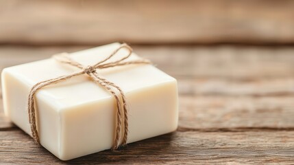 Natural skincare: Organic and sustainable . Soap wrapped with twine on a wooden surface.