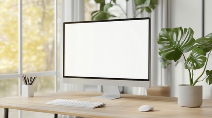 Modern workspace setup with computer on a wooden desk, surrounded by indoor plants and natural light streaming through the window.