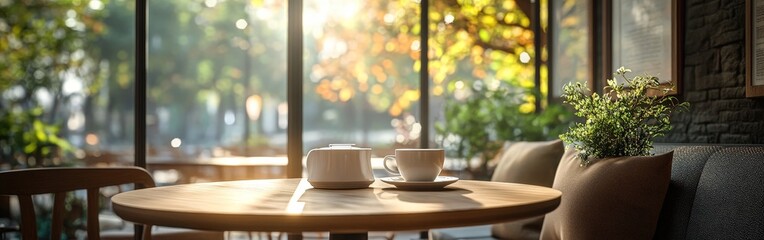 Obraz premium A cozy cafe corner with warm light and modern furniture, ideal for interior design, lifestyle, and hospitality themes.