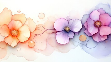 Gentle watercolor blends of peach, violet, and gold, merging in an abstract piece with textured brushstrokes, balancing light and shadow.