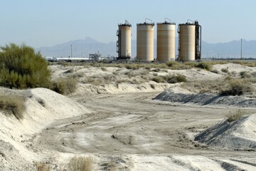 Obraz premium Industrial Landscape Featuring Storage Tanks in Arid Environment with Dusty Road and Surrounding Desert Terrain under Clear Blue Sky
