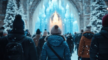 Obraz premium Snow Festival with Glowing Ice Palace at the Center of a Winter Wonderland Celebration