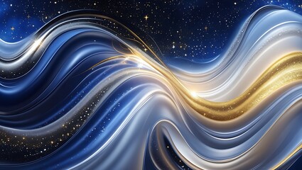 Cosmic abstract waves with glowing gold and blue tones featuring starry textures perfect for futuristic artistic designs, digital backgrounds, and vibrant wallpapers