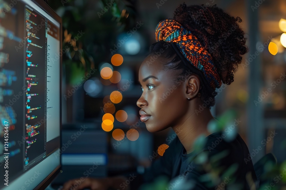 Poster female software developer coding on office computer