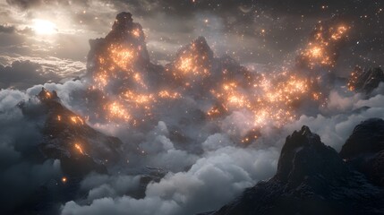 Naklejka premium Magical Glowing Mountains Fantasy Landscape Aerial View