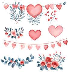 Decorative Valentine Day banners with hearts and floral elements