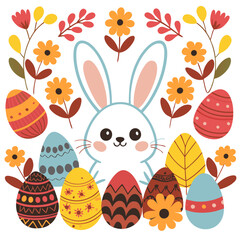 Light Blue Bunny Surrounded by Colorful Easter Eggs and Spring Flowers