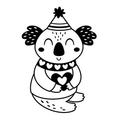 Black and white Valentine animal clipart. Cute koala clipart. Valentines day clipart in cartoon flat style. Hand draw vector illustration