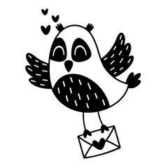 Black and white Valentine animal clipart. Cute bird doodle. Valentines day clipart in cartoon flat style. Hand draw vector illustration