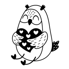 Black and white Valentine animal clipart. Cute bird doodle. Valentines day clipart in cartoon flat style. Hand draw vector illustration