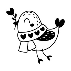 Black and white Valentine animal clipart. Cute bird doodle. Valentines day clipart in cartoon flat style. Hand draw vector illustration