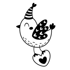 Black and white Valentine animal clipart. Cute bird doodle. Valentines day clipart in cartoon flat style. Hand draw vector illustration