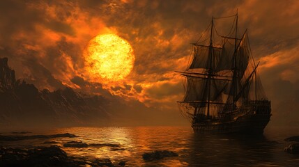 Obraz premium Sunset Sailboat Fantasy Landscape Dramatic Ocean Scene