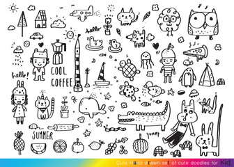 Vector illustration of Doodle cute for kid, Hand drawn set of cute doodles for decoration,Funny Doodle Hand Drawn, Summer, Doodle set of objects from a child's life,Cute animal