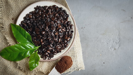 Coffee beans on plate and powder, on gray background with space for text