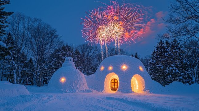 Spectacular Fireworks Display Over Snow Festival Igloo at Night with Magical Lighting and Winter Wonderland Atmosphere - Powered by Adobe