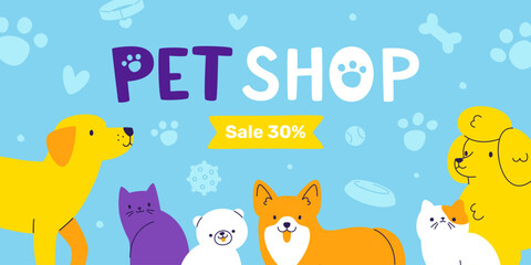 Pet shop banner template with cats and dogs. Vector cartoon poster with cute pets.