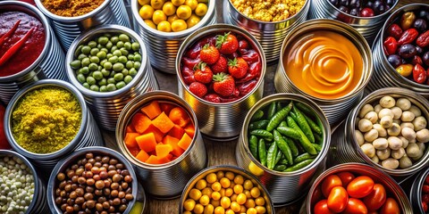 Overhead Long Exposure Shot of Open Canned Goods, Diverse Food Variety