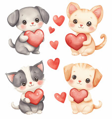 Adorable puppies and kittens holding hearts for Valentine Day
