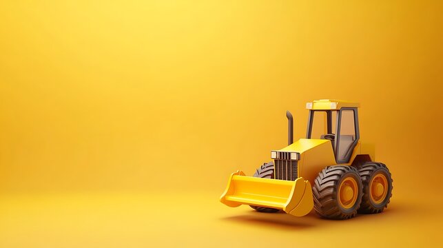 Cartoon yellow tractor on yellow studio background