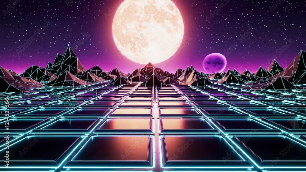 Poster neon glowing grid surface extending towards polygonal mountains under a starry sky with large planet